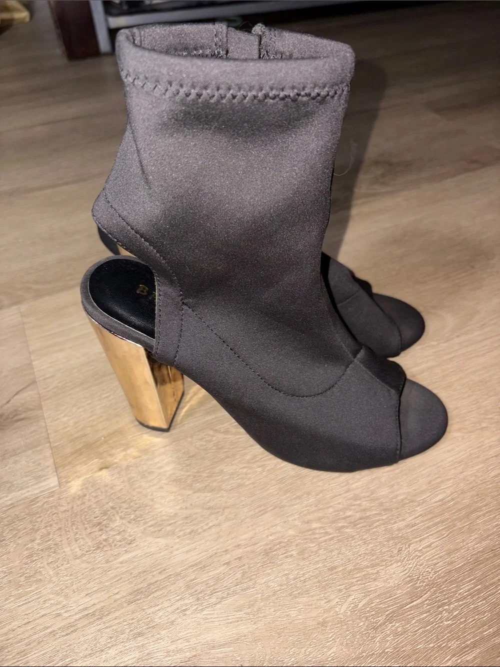 Black Open-Toe Stretch Bootie Heels with Gold Block Heel